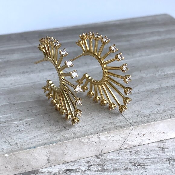 New ~ Anthropologie Gold Sunburst Crystal Tip Hoop Earrings - Picture 7 of 7